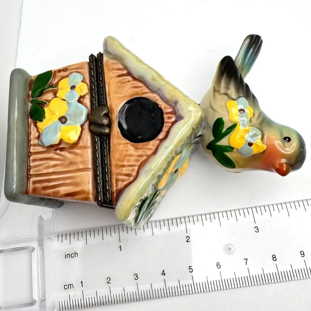Bird Green Birdhouse Floral Trinket Box with a White Bird Figurine 2